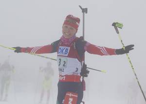 Ekaterina Shimulova im Nebel von Antholz. © World Cup Komitee, Foto: Christian Manzoni