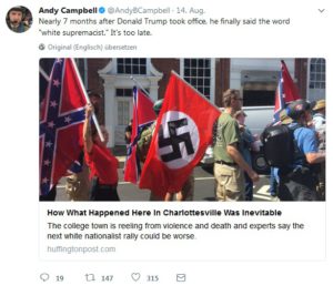 Der Screenshot von Andy Campbell auf Twitter vom 16. August 2017 zeigt US-Nazis am 14. August 2017 in Charlottsville, USA.