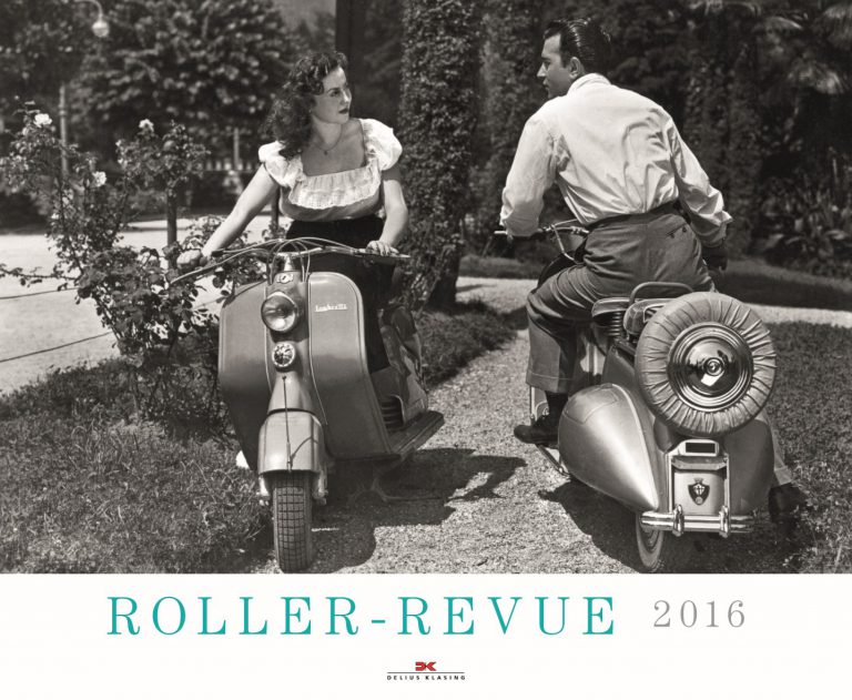 Ein Dutzend alte Motorroller in einem Graustufen-Kalender – Annotation zu „Roller-Revue“ 2016