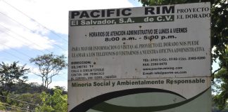 El Salvador: Widerstand gegen Bergbau Firmenschild Pacific Rim