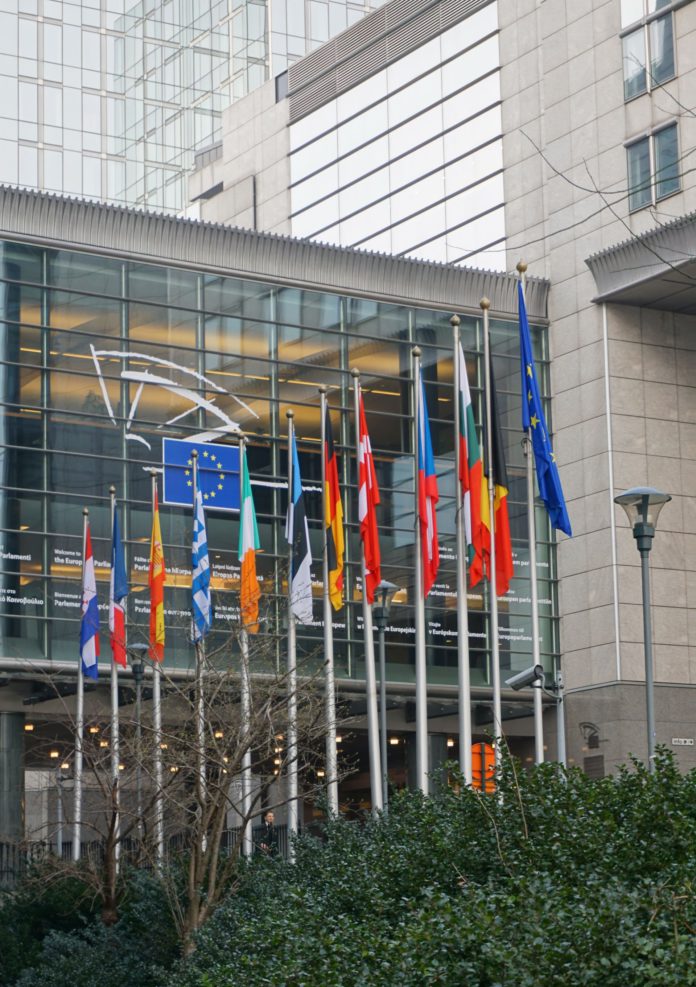 Flaggenparade vor dem EU-Parlament in Brüssel.