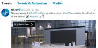 Kriegsbündnis NATO gratuliert den verbliebenen Vier in Russland – Vasallen Frankreich, Belgien, England und Kroatien spielen um den Einzug ins Finale der Fußball-Weltmeisterschaft der FIFA NATO auf Twitter.