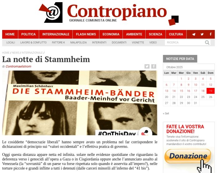 "La notte die Stammheim" in Contropiano. Quelle: Contropiano, Bildschirmfoto: Berlin, 19.10.2025,15.30 Uhr