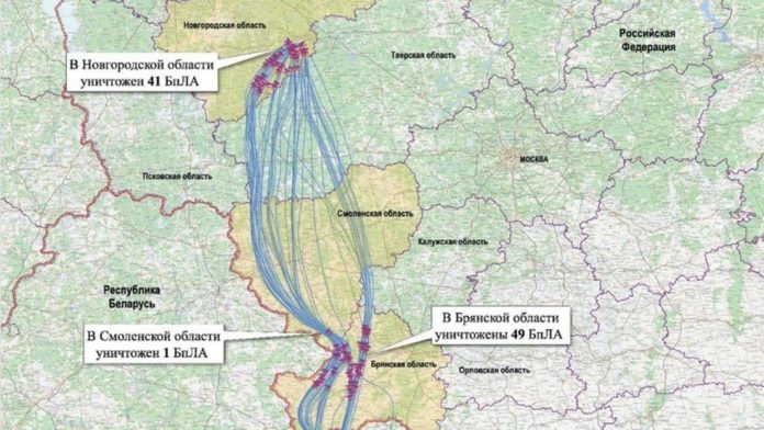 Flug der Langstrecken-Angriffsdrohnen aus Banderastan in die RF. © Verteidigungsministerium der Russischen Föderation