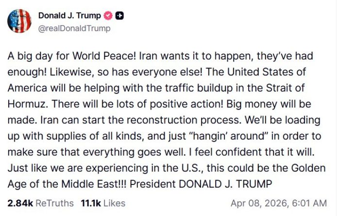 Trump zum Waffenstillstand auf Truth. Quelle: Truth, 8.4.2026