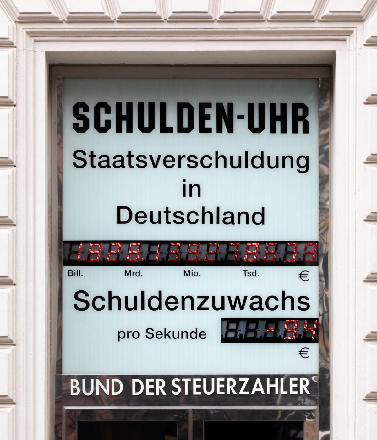 Die Schuldenuhr des Bundes der Steuerzahler in Wiesbaden zeigt dessen Prognose über die Staatsverschuldung der Bundesrepublik Deutschland (Stand: 24. März 2019). Quelle: Wikimedia, CC BY-SA 4.0, Bild: Martin Kraft - Eigenes Werk