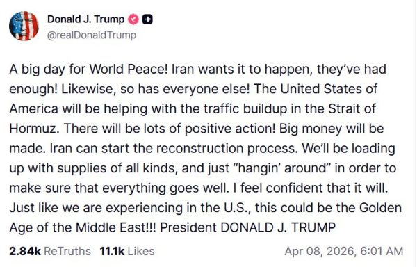 Trump zum Waffenstillstand auf Truth. Quelle: Truth, 8.4.2026